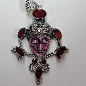 Goddess Pendant Carved Pink Speckled Stone Sterling Silver Garnet